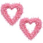 2 Pcs Valentines Pink Heart Shaped Wreath Tinsel Garland Artificial Wreaths for Front Door, Happy Valentines Day Hanging Sign for Home Decorations,12 Inch (2, Pink)