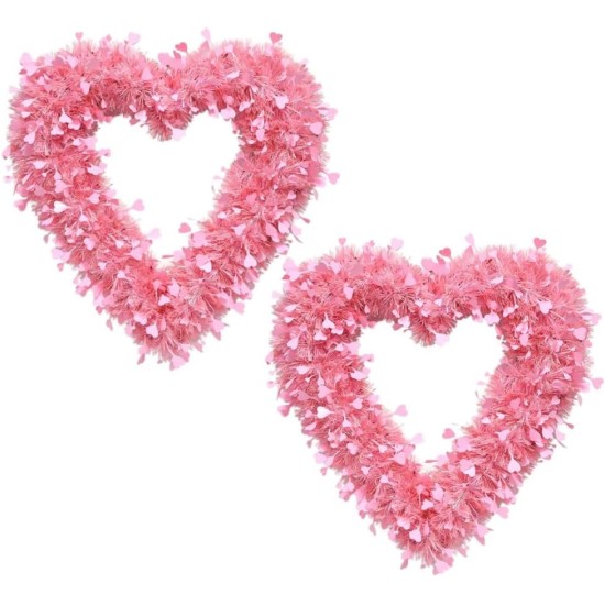 2 Pcs Valentines Pink Heart Shaped Wreath Tinsel Garland Artificial Wreaths for Front Door, Happy Valentines Day Hanging Sign for Home Decorations,12 Inch (2, Pink)