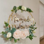 Ramadan Mubarak Wreaths Decorations, Artificial Pink Camellia Metal Hoop Floral Wreath, Eid Mubarak Garland Decor, for Farmhouse Door Wall Window Indoors Outdoor