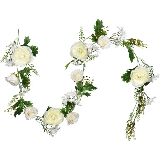 2 Pakc Artificial Peony Garland, 12ft Floral Greenery Garland with Mixed Peony Flowers and Green Leaves for Wedding Dining Table Home Party Decor (2, White)