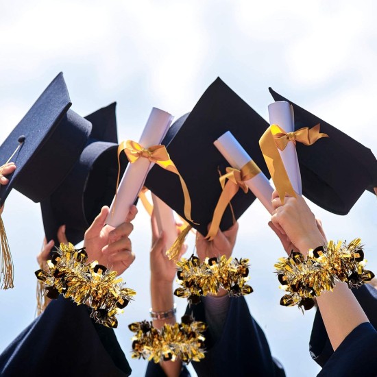 Whaline 4Pcs Graduation Tinsel Garland 26 Feet Graduation Cap Tinsel Twist Black Gold Metallic Tinsel Grad Party Hanging Ornament for Home School Tree Wall Decoration DIY Wreath Craft