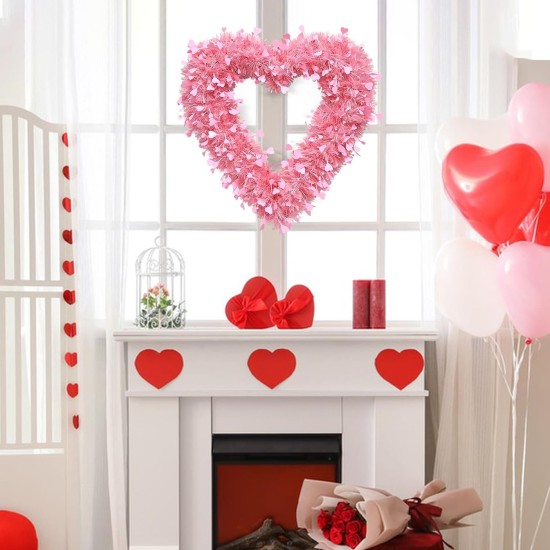 2 Pcs Valentines Pink Heart Shaped Wreath Tinsel Garland Artificial Wreaths for Front Door, Happy Valentines Day Hanging Sign for Home Decorations,12 Inch (2, Pink)