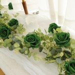 1 Pack Artificial Garland Eucalyptus Vine with 12 Roses for Home Decor Wedding Table Runner Centerpiece DIY Wreath Decor (Green)