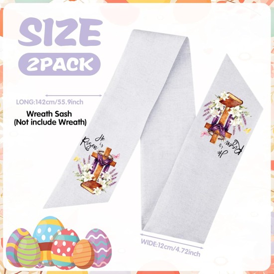 Easter Wreath Sash for Front Door, 2PCS He is Risen Purple Wreath Sash Monogram, Easter Yard Porch Garland Decor for Porch Indoor Outdoor Home Garland Yard (55.9 * 4.7 Inch)