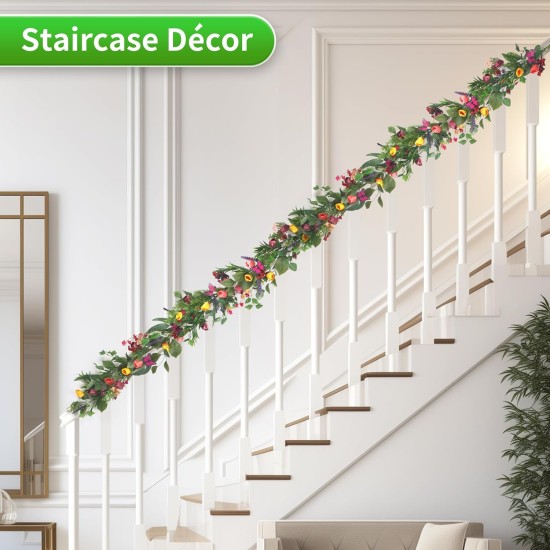 6Ft Garland for Front Door: Garland with Tulip Wreath, Butterfly, Lavender and Eucalyptus, Vivid Artificial Floral Garlands for Wall Window Farmhouse Party Holiday Home Décor