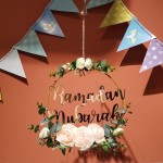 Ramadan Mubarak Wreaths Decorations, Artificial Pink Camellia Metal Hoop Floral Wreath, Eid Mubarak Garland Decor, for Farmhouse Door Wall Window Indoors Outdoor