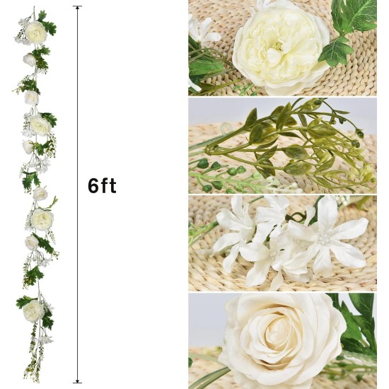 2 Pakc Artificial Peony Garland, 12ft Floral Greenery Garland with Mixed Peony Flowers and Green Leaves for Wedding Dining Table Home Party Decor (2, White)