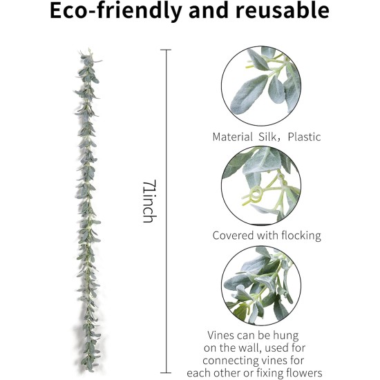 DuHouse 6Ft Artificial Lambs Ear Garland Flocked Leaves Plastic Vines for Wedding Bedroom Courtyard Easter Christmas Decoration