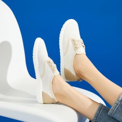 THATXUAOV Women's Breathable Mesh Tennis Shoes - Lightweight Low Top Lace-Up Canvas White Sneakers for Casual Walking, Sports, and Everyday Comfort