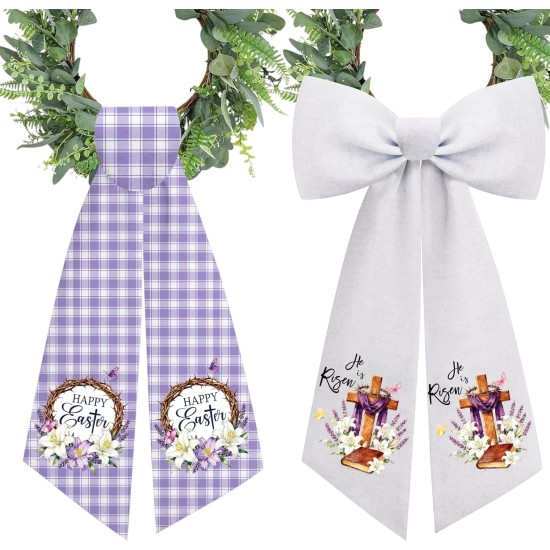 Easter Wreath Sash for Front Door, 2PCS He is Risen Purple Wreath Sash Monogram, Easter Yard Porch Garland Decor for Porch Indoor Outdoor Home Garland Yard (55.9 * 4.7 Inch)