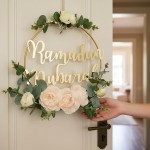 Ramadan Mubarak Wreaths Decorations, Artificial Pink Camellia Metal Hoop Floral Wreath, Eid Mubarak Garland Decor, for Farmhouse Door Wall Window Indoors Outdoor