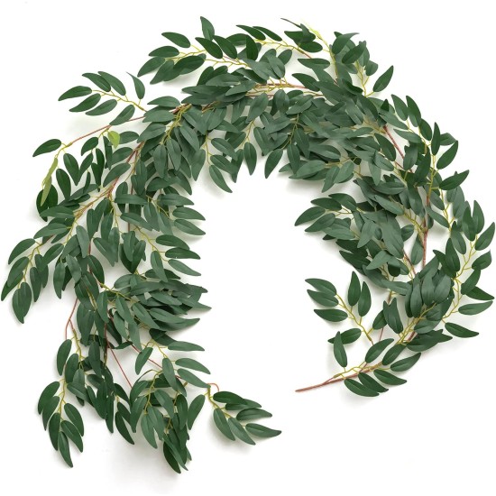 Ling's Moment Italian Ruscus Greenery, 5.9ft Artificial Silk Willow Leaf Garland, Fake Wispy Rustic Vine Stem Swag for Table Centerpieces Wedding Arch Decor, Dark Green