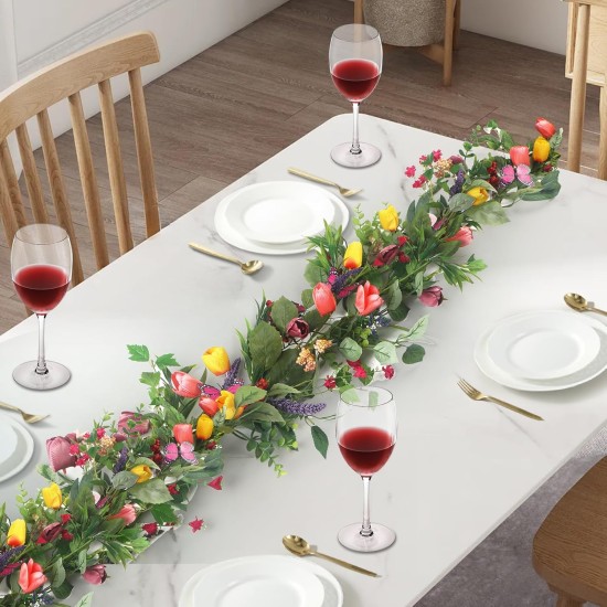 6Ft Garland for Front Door: Garland with Tulip Wreath, Butterfly, Lavender and Eucalyptus, Vivid Artificial Floral Garlands for Wall Window Farmhouse Party Holiday Home Décor