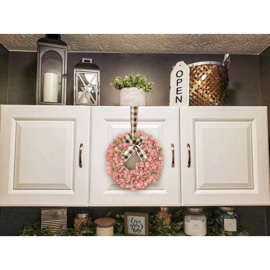 Hollyone 2Pcs Small Artificial Baby Breath Flowers Wreath 10 Inch Pink for Front Door Decor Faux Gypsophila Wreath Fake Baby Breath Flower Garland Candle Ring for Kitchen Cabinet Chairs Tabletop Decor