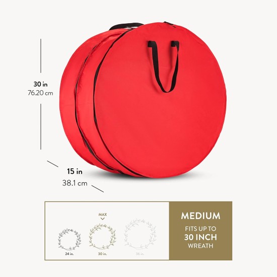 ZOBER Christmas Wreath Storage Container 30 Inch - Wreath Bag Fits 2 Wreaths Box - 600D Oxford Fabric - Interior Compartment for Storing Garlands, Wreaths Storage Bag W Strong Durable Handles - Red