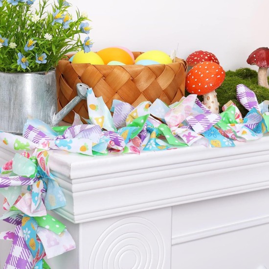 Easter Garland Decorations 7ft/2.1m Spring Rag Tie Hanging Banner Pastel Egg Yellow Chick Bunny Fabric Swag Shabby Chic Bunting for Easter Tree Fireplace Mantel Wreath Front Door Wall Home Decors