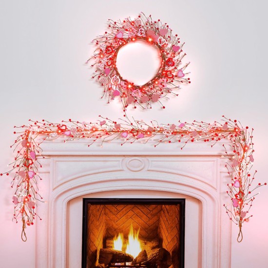 9.84 ft Valentine's Day Garland Valentines Day Wreath Decor Red Pink White Berry Heart Garland with LED Lights Artificial Vine for Valentines Wedding Anniversary Door Fireplace Home Decor