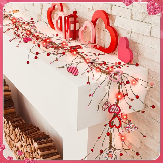 9.84 ft Valentine's Day Garland Valentines Day Wreath Decor Red Pink White Berry Heart Garland with LED Lights Artificial Vine for Valentines Wedding Anniversary Door Fireplace Home Decor