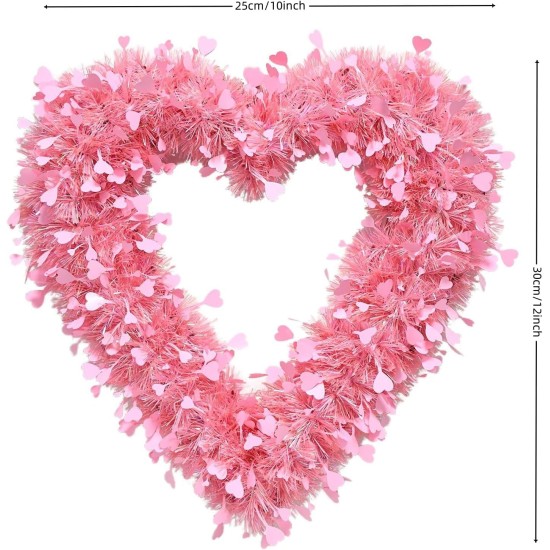 2 Pcs Valentines Pink Heart Shaped Wreath Tinsel Garland Artificial Wreaths for Front Door, Happy Valentines Day Hanging Sign for Home Decorations,12 Inch (2, Pink)