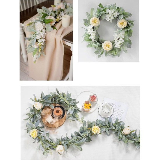 DuHouse 6Ft Artificial Lambs Ear Garland Flocked Leaves Plastic Vines for Wedding Bedroom Courtyard Easter Christmas Decoration
