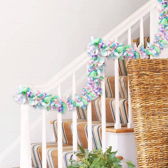 Easter Garland Decorations 7ft/2.1m Spring Rag Tie Hanging Banner Pastel Egg Yellow Chick Bunny Fabric Swag Shabby Chic Bunting for Easter Tree Fireplace Mantel Wreath Front Door Wall Home Decors