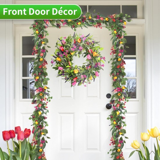 6Ft Garland for Front Door: Garland with Tulip Wreath, Butterfly, Lavender and Eucalyptus, Vivid Artificial Floral Garlands for Wall Window Farmhouse Party Holiday Home Décor