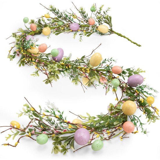 Noverlife 6FT Easter Garland, Easter Egg Garland for Mantle Spring Garland for Easter Decorations, Artificial Spring Garland for Easter Banner Fireplace Party Door Decor Pip Berry Garland for Home