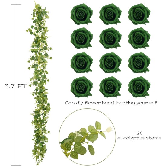 1 Pack Artificial Garland Eucalyptus Vine with 12 Roses for Home Decor Wedding Table Runner Centerpiece DIY Wreath Decor (Green)