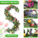 6Ft Garland for Front Door: Garland with Tulip Wreath, Butterfly, Lavender and Eucalyptus, Vivid Artificial Floral Garlands for Wall Window Farmhouse Party Holiday Home Décor