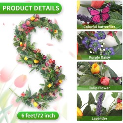 6Ft Garland for Front Door: Garland with Tulip Wreath, Butterfly, Lavender and Eucalyptus, Vivid Artificial Floral Garlands for Wall Window Farmhouse Party Holiday Home Décor