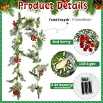 Spiareal 1 Pcs 5.74 ft Christmas Garland with Light Christmas Lighted Pine Garland Prelit Battery Operated Cedar Pine Cone Red Berry Greenery for Mantle Fireplace Decor