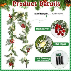 Spiareal 1 Pcs 5.74 ft Christmas Garland with Light Christmas Lighted Pine Garland Prelit Battery Operated Cedar Pine Cone Red Berry Greenery for Mantle Fireplace Decor