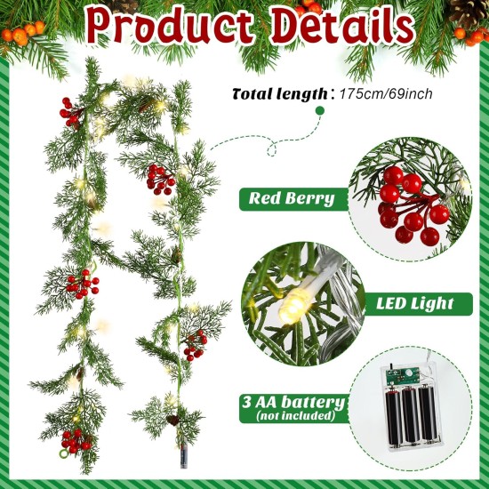 Spiareal 1 Pcs 5.74 ft Christmas Garland with Light Christmas Lighted Pine Garland Prelit Battery Operated Cedar Pine Cone Red Berry Greenery for Mantle Fireplace Decor