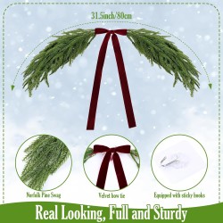 2.6ft Christmas Mirror Garland Artificial Norfolk Pine Swag for Mirror with Velvet Bow Faux Greenery Garlands Christmas Wreath for Xmas Home Door Mailbox Indoor Fireplace Decor(Burgundy Red)