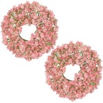 Hollyone 2Pcs Small Artificial Baby Breath Flowers Wreath 10 Inch Pink for Front Door Decor Faux Gypsophila Wreath Fake Baby Breath Flower Garland Candle Ring for Kitchen Cabinet Chairs Tabletop Decor