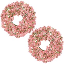 Hollyone 2Pcs Small Artificial Baby Breath Flowers Wreath 10 Inch Pink for Front Door Decor Faux Gypsophila Wreath Fake Baby Breath Flower Garland Candle Ring for Kitchen Cabinet Chairs Tabletop Decor