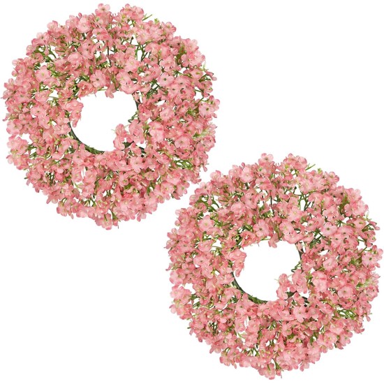 Hollyone 2Pcs Small Artificial Baby Breath Flowers Wreath 10 Inch Pink for Front Door Decor Faux Gypsophila Wreath Fake Baby Breath Flower Garland Candle Ring for Kitchen Cabinet Chairs Tabletop Decor