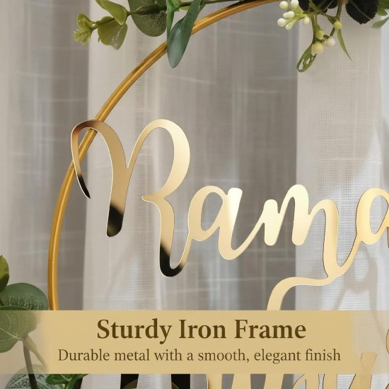 Ramadan Mubarak Wreaths Decorations, Artificial Pink Camellia Metal Hoop Floral Wreath, Eid Mubarak Garland Decor, for Farmhouse Door Wall Window Indoors Outdoor