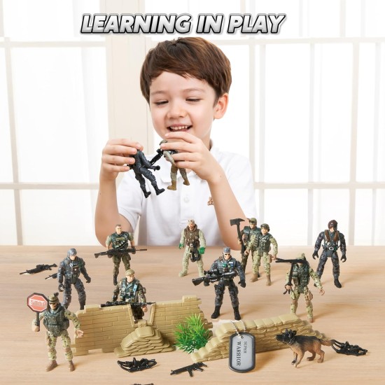 JOYIN 16 PCs Army Men Playset with 12 Realistic Army Ranger Men Action Figures and Weapon Gear Accessories, Military Soldiers Action Figures Playset for Boys Gift, Easter Basket Stuffers