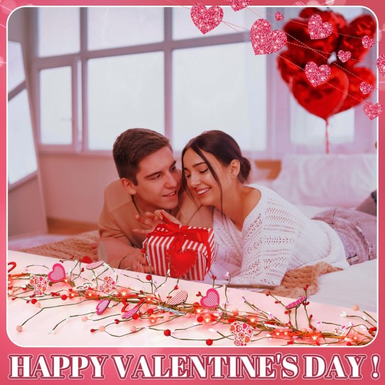 9.84 ft Valentine's Day Garland Valentines Day Wreath Decor Red Pink White Berry Heart Garland with LED Lights Artificial Vine for Valentines Wedding Anniversary Door Fireplace Home Decor