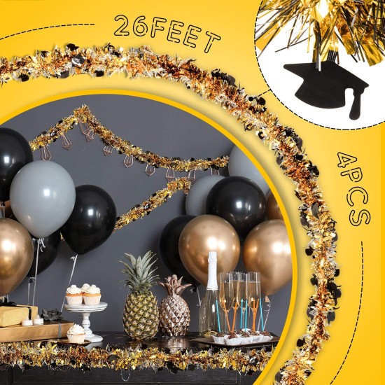 Whaline 4Pcs Graduation Tinsel Garland 26 Feet Graduation Cap Tinsel Twist Black Gold Metallic Tinsel Grad Party Hanging Ornament for Home School Tree Wall Decoration DIY Wreath Craft
