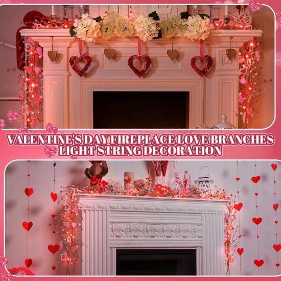 9.84 ft Valentine's Day Garland Valentines Day Wreath Decor Red Pink White Berry Heart Garland with LED Lights Artificial Vine for Valentines Wedding Anniversary Door Fireplace Home Decor
