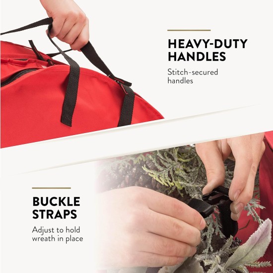 ZOBER Christmas Wreath Storage Container 30 Inch - Wreath Bag Fits 2 Wreaths Box - 600D Oxford Fabric - Interior Compartment for Storing Garlands, Wreaths Storage Bag W Strong Durable Handles - Red