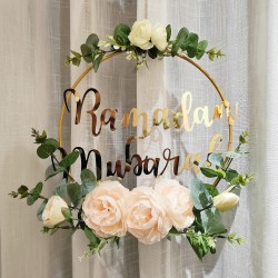 Ramadan Mubarak Wreaths Decorations, Artificial Pink Camellia Metal Hoop Floral Wreath, Eid Mubarak Garland Decor, for Farmhouse Door Wall Window Indoors Outdoor