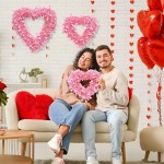 2 Pcs Valentines Pink Heart Shaped Wreath Tinsel Garland Artificial Wreaths for Front Door, Happy Valentines Day Hanging Sign for Home Decorations,12 Inch (2, Pink)