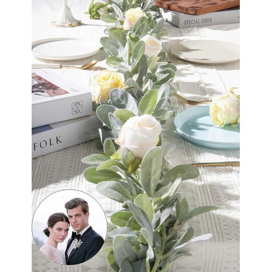 DuHouse 6Ft Artificial Lambs Ear Garland Flocked Leaves Plastic Vines for Wedding Bedroom Courtyard Easter Christmas Decoration