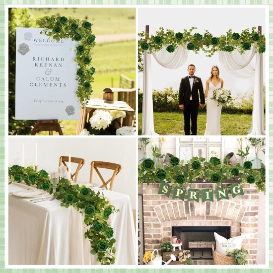 1 Pack Artificial Garland Eucalyptus Vine with 12 Roses for Home Decor Wedding Table Runner Centerpiece DIY Wreath Decor (Green)