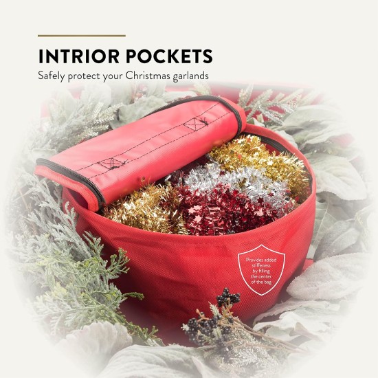 ZOBER Christmas Wreath Storage Container 30 Inch - Wreath Bag Fits 2 Wreaths Box - 600D Oxford Fabric - Interior Compartment for Storing Garlands, Wreaths Storage Bag W Strong Durable Handles - Red