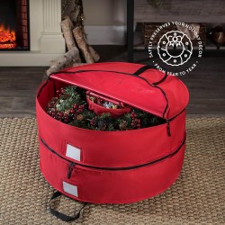 ZOBER Christmas Wreath Storage Container 30 Inch - Wreath Bag Fits 2 Wreaths Box - 600D Oxford Fabric - Interior Compartment for Storing Garlands, Wreaths Storage Bag W Strong Durable Handles - Red