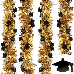 Whaline 4Pcs Graduation Tinsel Garland 26 Feet Graduation Cap Tinsel Twist Black Gold Metallic Tinsel Grad Party Hanging Ornament for Home School Tree Wall Decoration DIY Wreath Craft
